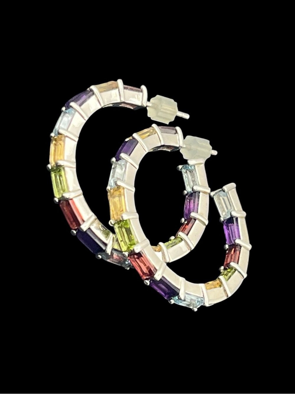 Rainbow baguette stone sterling silver hoop earrings JCL